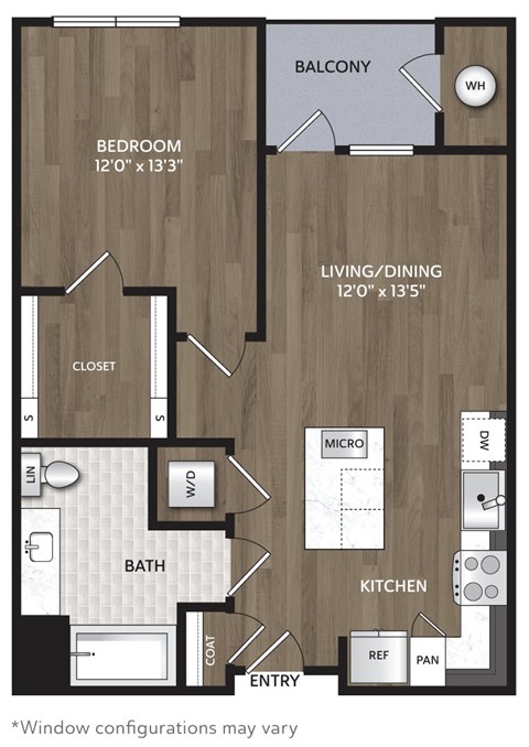 Floor plan for 1 bed, 1 bath, 723 sqft